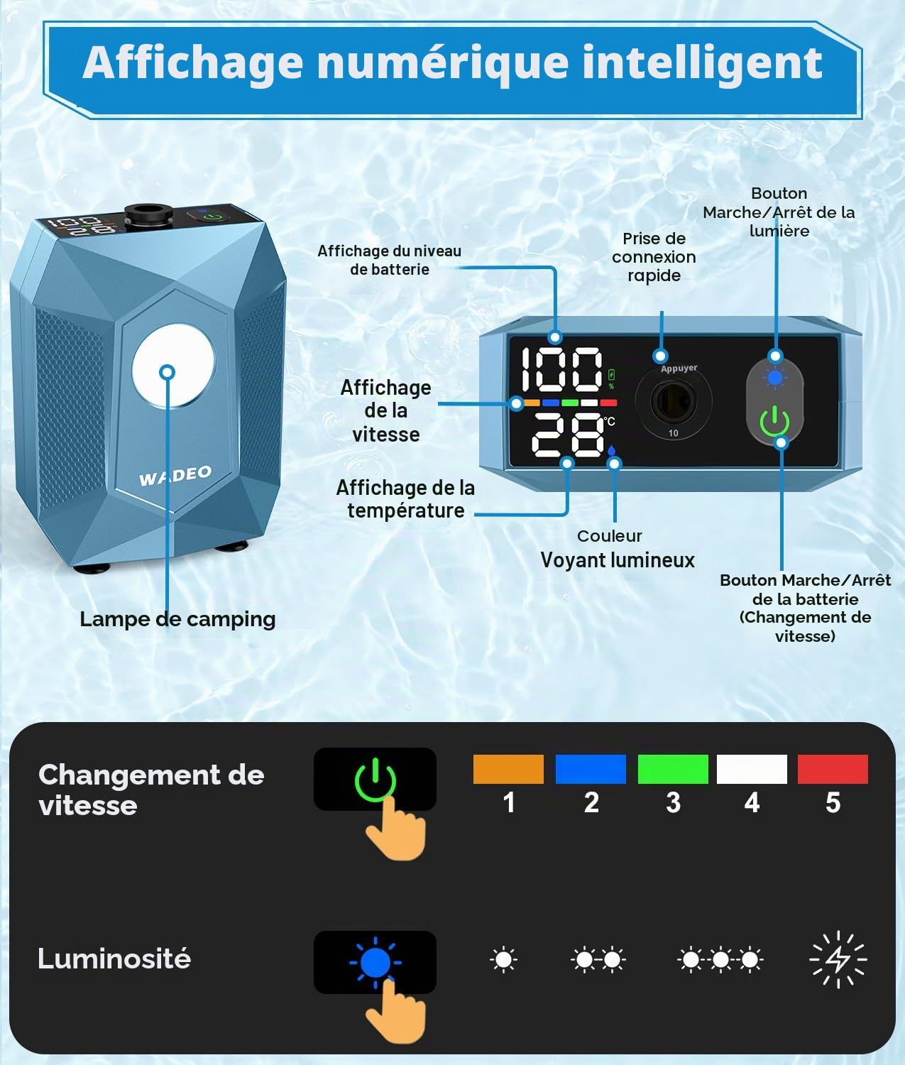 WADEO Douche Portable avec Seau Pliable 20L Camping, Pompe Rechargeable 6000mAh Lumière Intégrée, Étanche IPX8, 5 Modes Pression – Idéale Randonnée, Voyage, Animaux