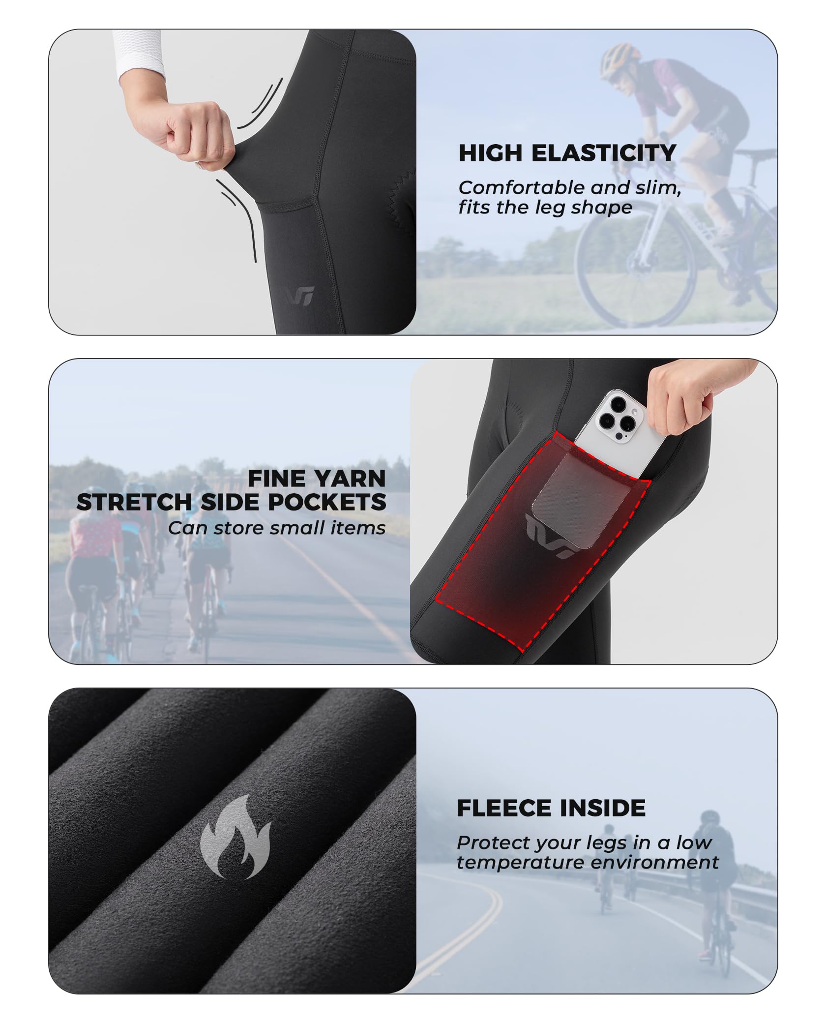 ROCKBROS TVI Pantalon de Cycliste Femme Rembourré d’Hiver, Leggings de Vélo Rembourré avec Poche Longue Respirant Élastique Thermique, Noir S-2XL