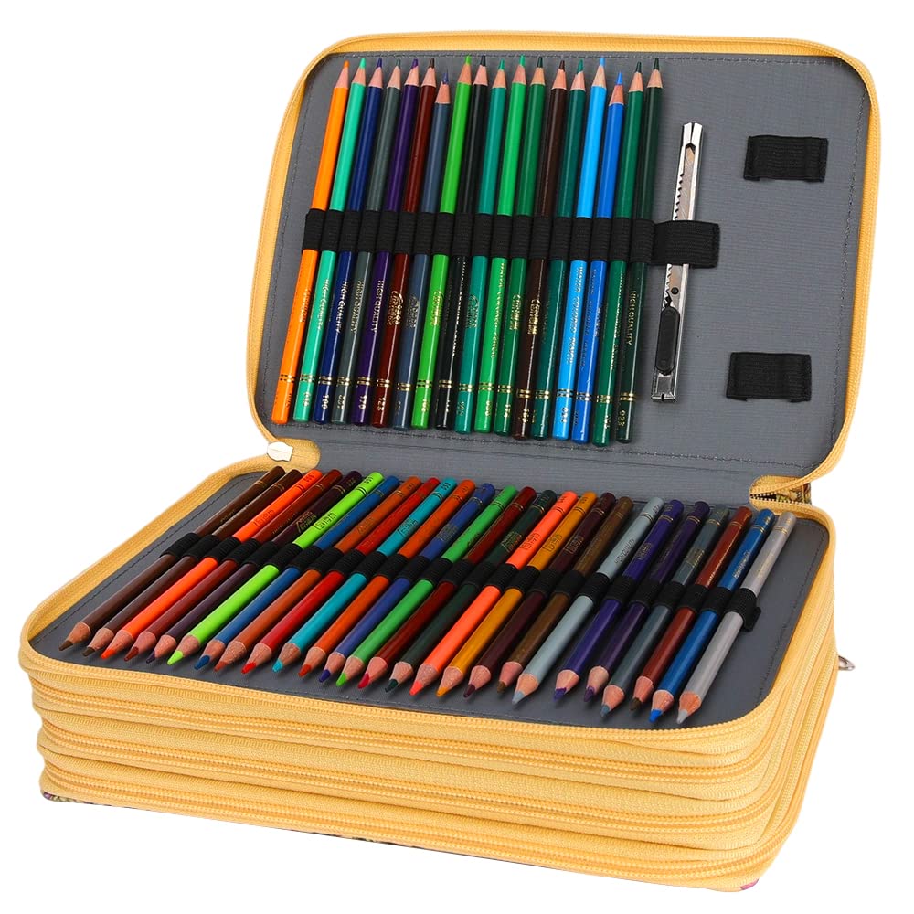 Estuche de lápices de colores, 200 ranuras para lápices con cierre de cremallera, tela de sarga de gran capacidad para bolígrafos o marcadores, organizador para artistas o estudiantes (flor amarilla)