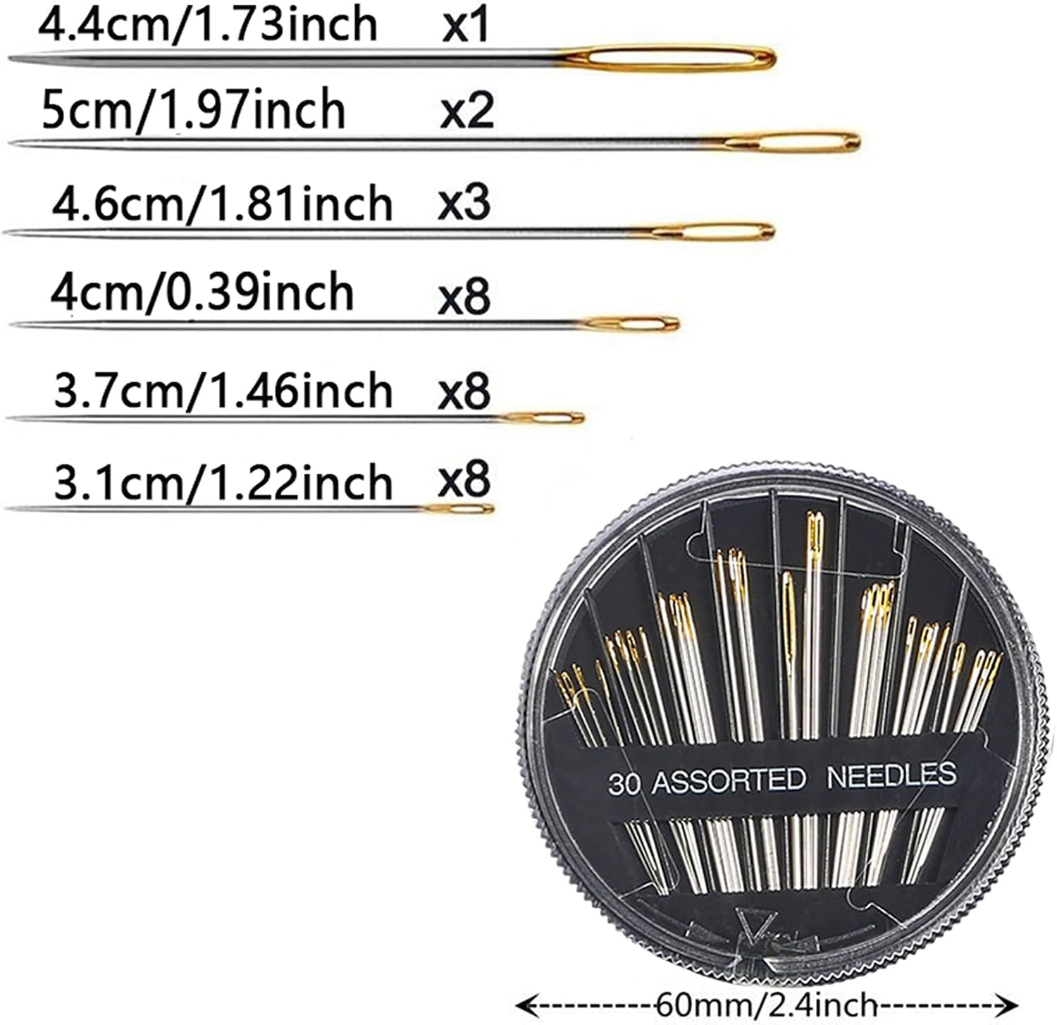 30Pcs Hand Sewing Needles 6 Sizes Large Eye Embroidery Steel Needles Kit with 2 Threaders for DIY Craft Projects,Quilting,Darning Handsewing,Sewing Repair