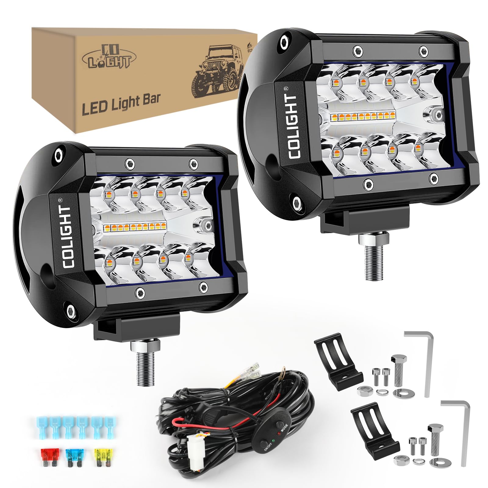 CO LIGHT 2X 4 Inch LED Pod | White Amber Strobe Lights - 6 Modes | Memory Function | Ideal Off-Road Lighting Solution for Trucks, Car, ATV, SUV, Boat | Complete 16AWG Wiring Harness Kit