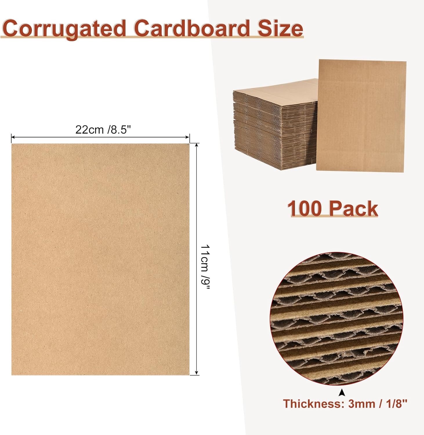 MECCANIXITY 100 Pack 11" x 8.5" Corrugated Cardboard Sheets 1/8" Thick Flat Cardboard Filler Inserts Pads for Mailers, Packing, Art Projects, DIY Crafts