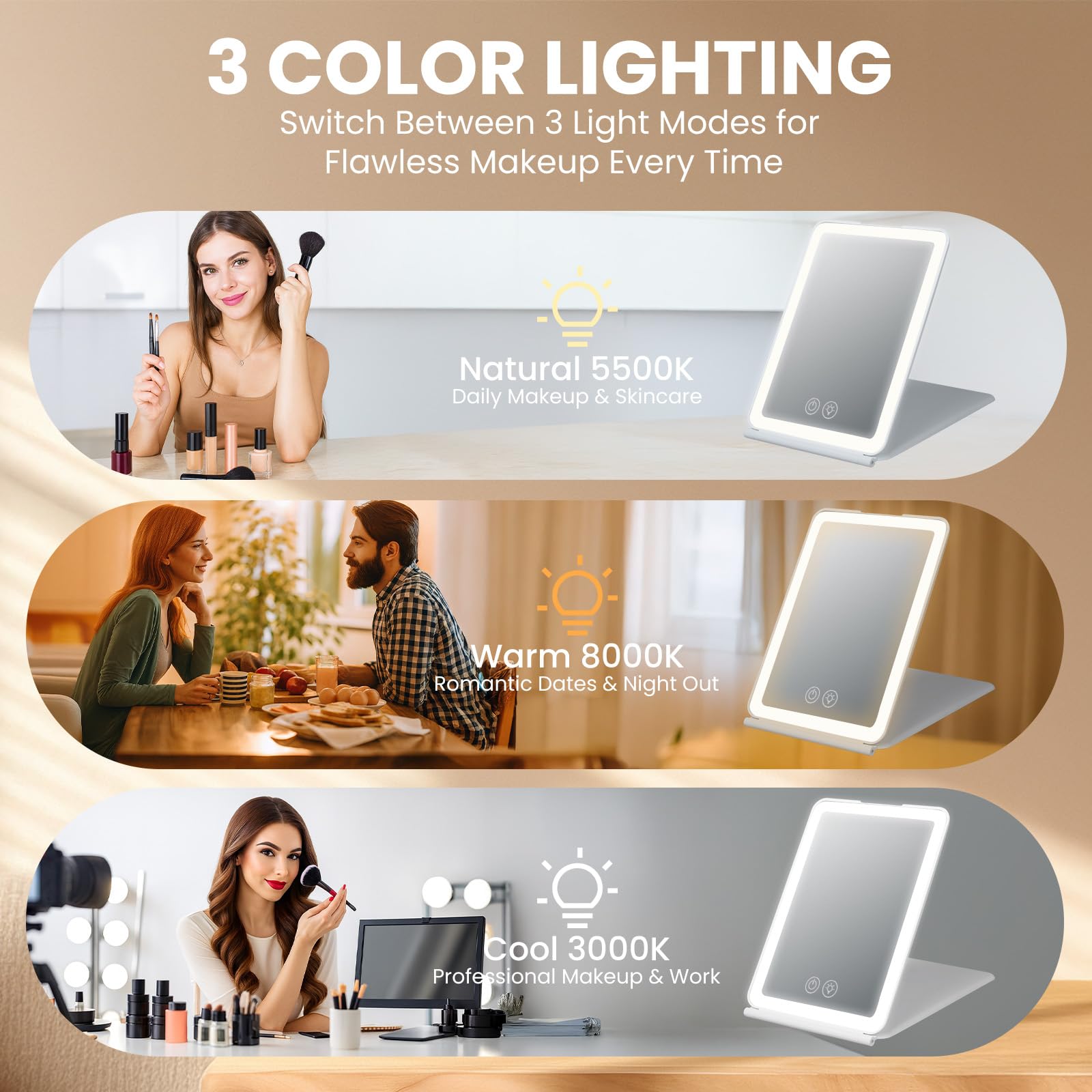 Miroir Maquillage Lumineux 72 LED 1500mAh Luminosité Ajustable 3 Modes Pliable Portable