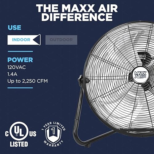 Miniatura 6 de Maxx Air Ventilador de pared de 20 pulgadas, ventilador de pared de alta velocidad con 2250 CFM, ventilador de piso de metal de 3 velocidades para