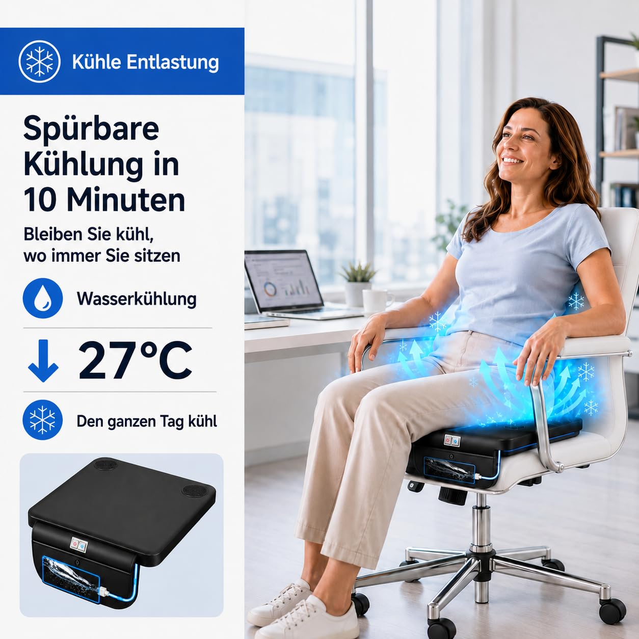 Wassergekühltes Sitzkissen mit Ventilator | Kühlung bis 27°C, 3 Geschwindigkeitsstufen, USB/12V/24V, für Auto und Büro