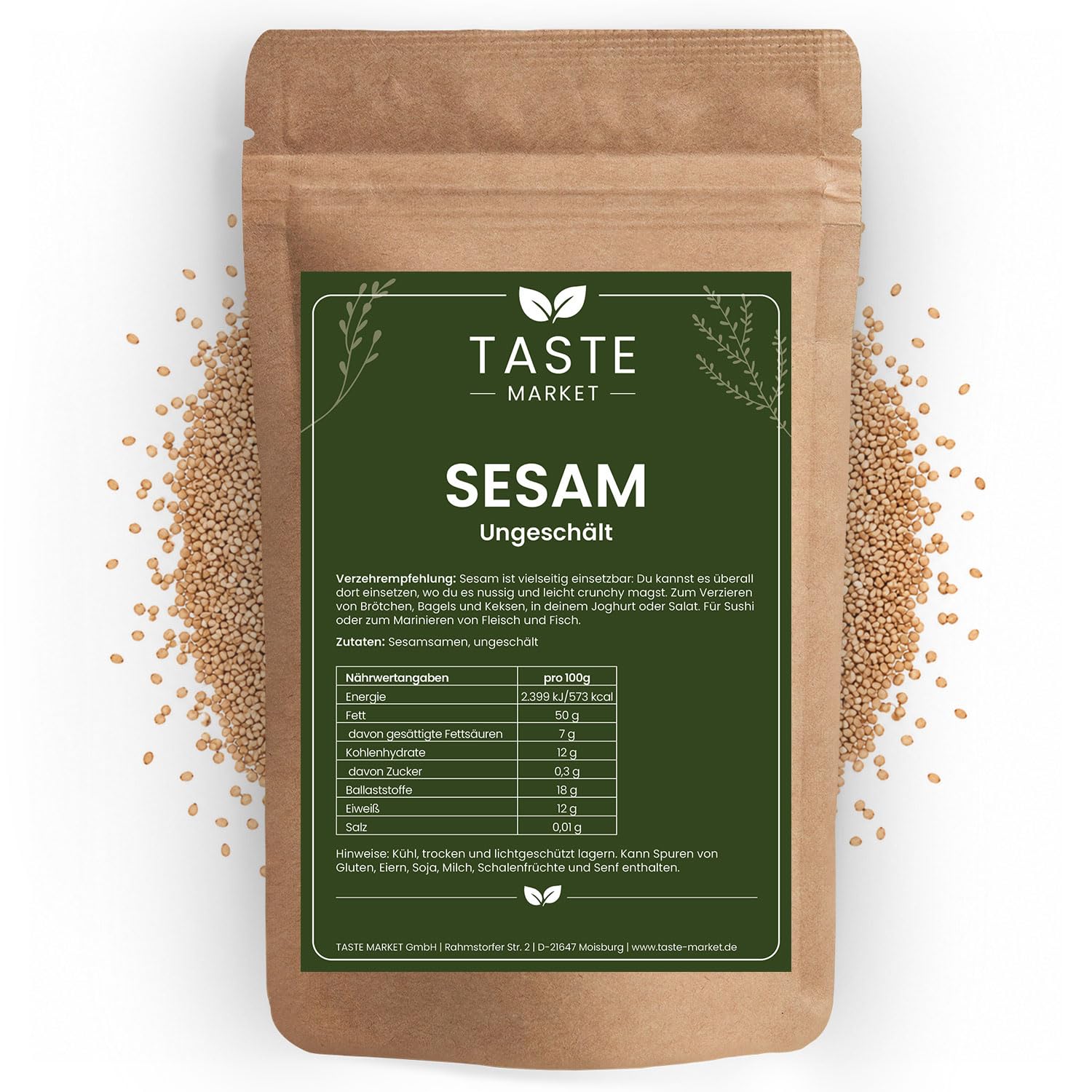 25 kg Sesam weiß ungeschält – Sesamsamen – natürlich – Sesam mit Schale – Taste Market