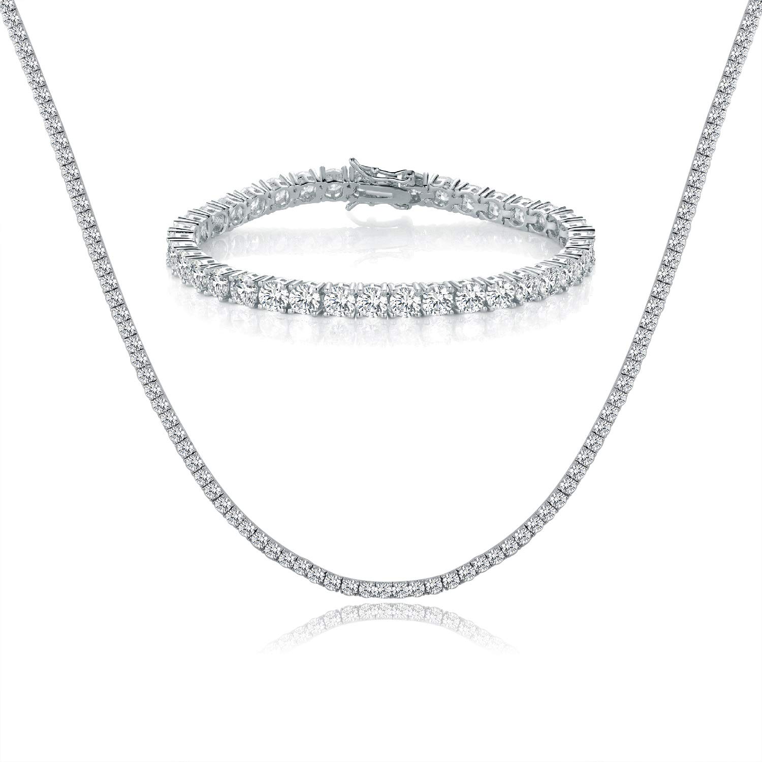MDFUN Tennis Necklace Bracelet Jewelry Sets 18K White Gold Plated 4mm Round Cubic Zirconia Bracelet and Necklace Sets for Women and Men (18 inch & 7.5 inch), 18 inch & 7.5 inch, Brass, Cubic Zirconia