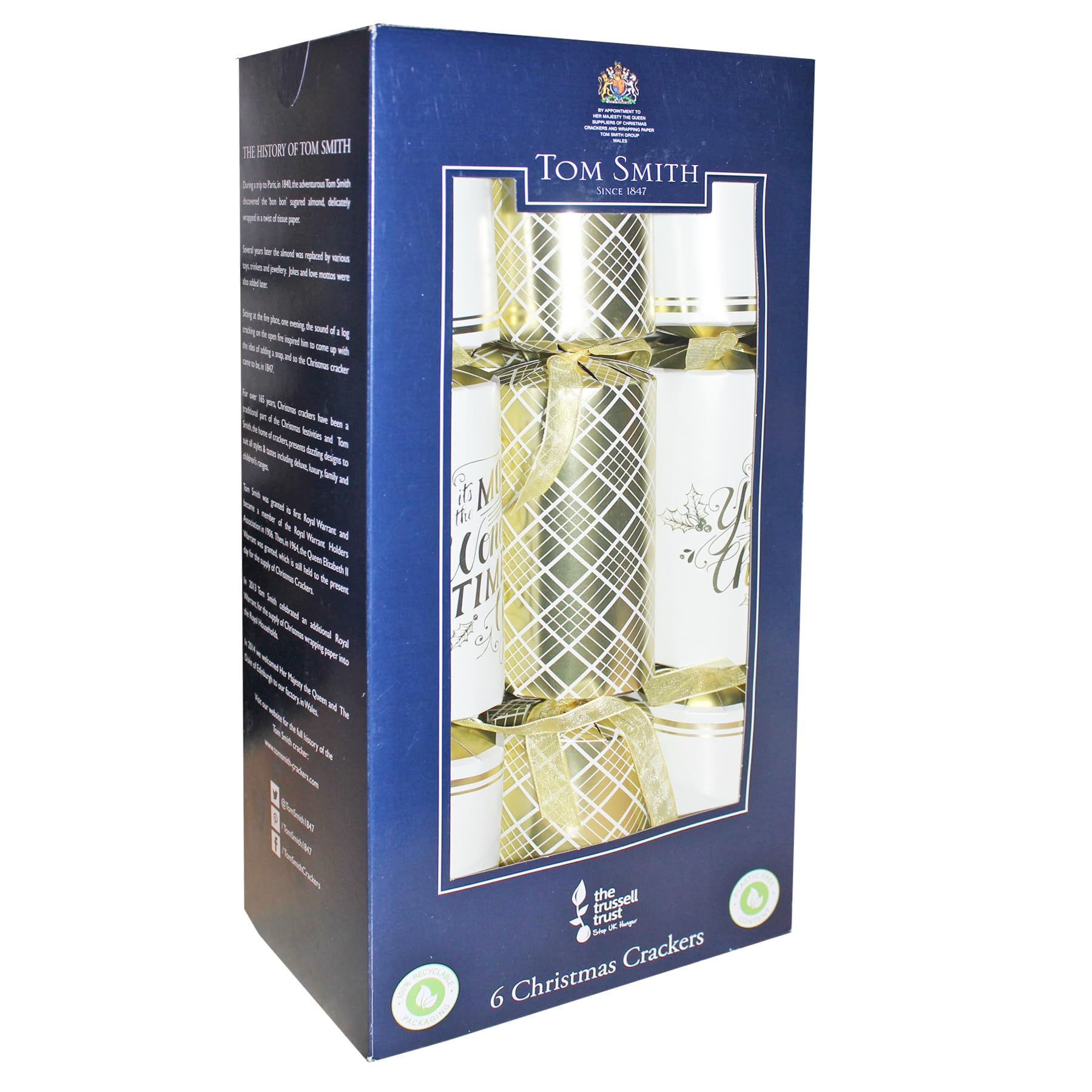 Widdle Gifts White And Gold 7792 Tom Smith Luxury Christmas Crackers 6 Pack Dinner Crackers With Plastic (White And Gold 7792)