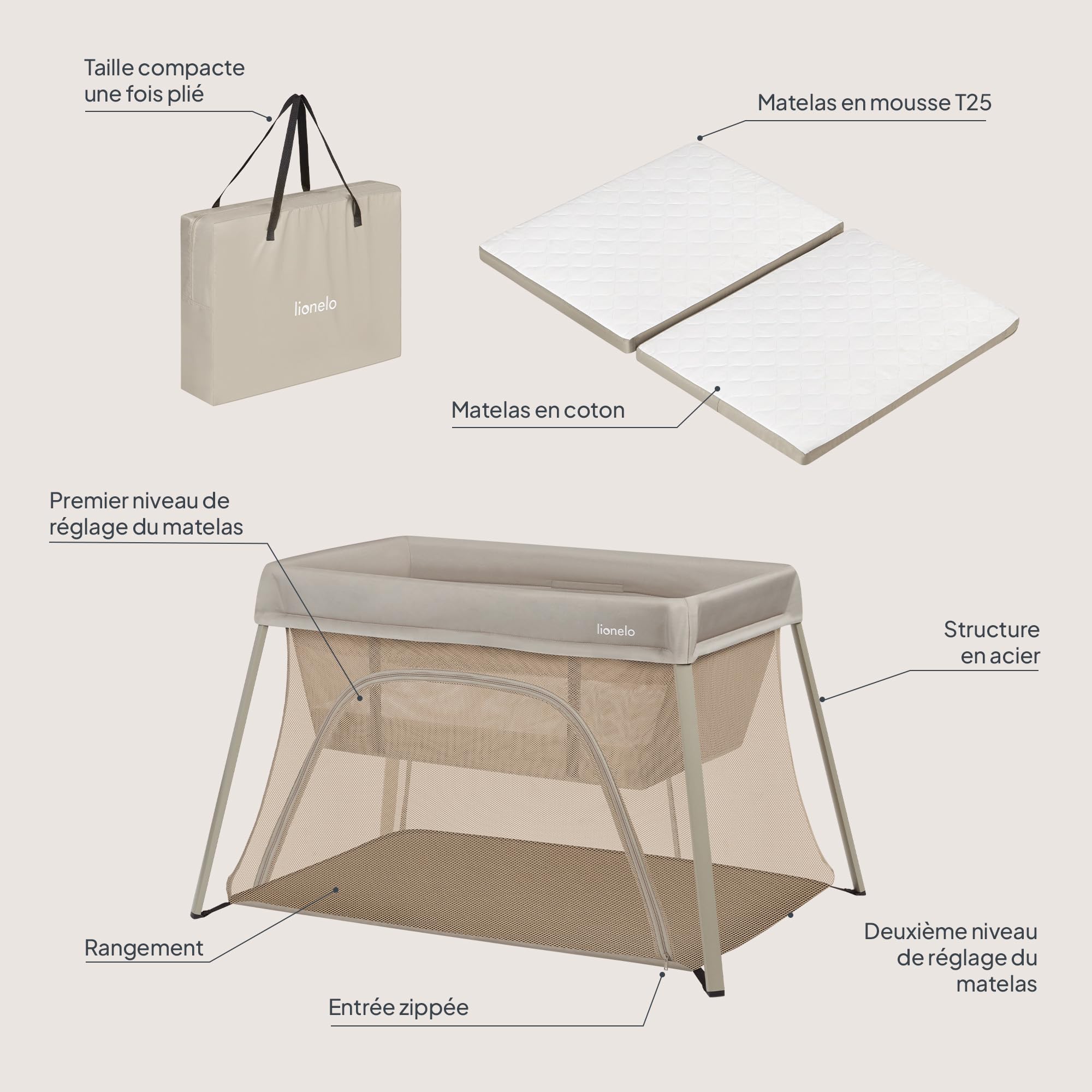 lionelo Lit de Voyage Bébé Parc Enfant 3en1 Alice de 0 à 15 kg Matelas en Mousse, 2 Niveaux de Hauteur, Pliable, Petit, Léger, Entrée Latérale, Sac de Voyage (Beige)