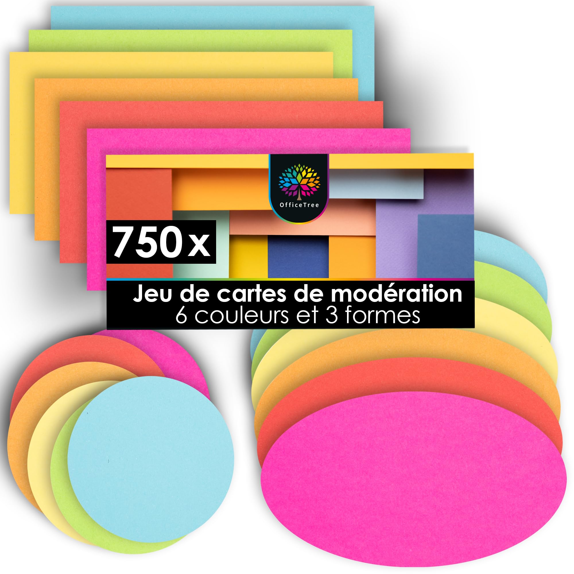 OfficeTree Lot de 750 cartes de modération, 6 couleurs, rondes, ovales et rectangulaires, cartes de métaplan, cartes de présentation, accessoires de séminaire, pour mallette de modération