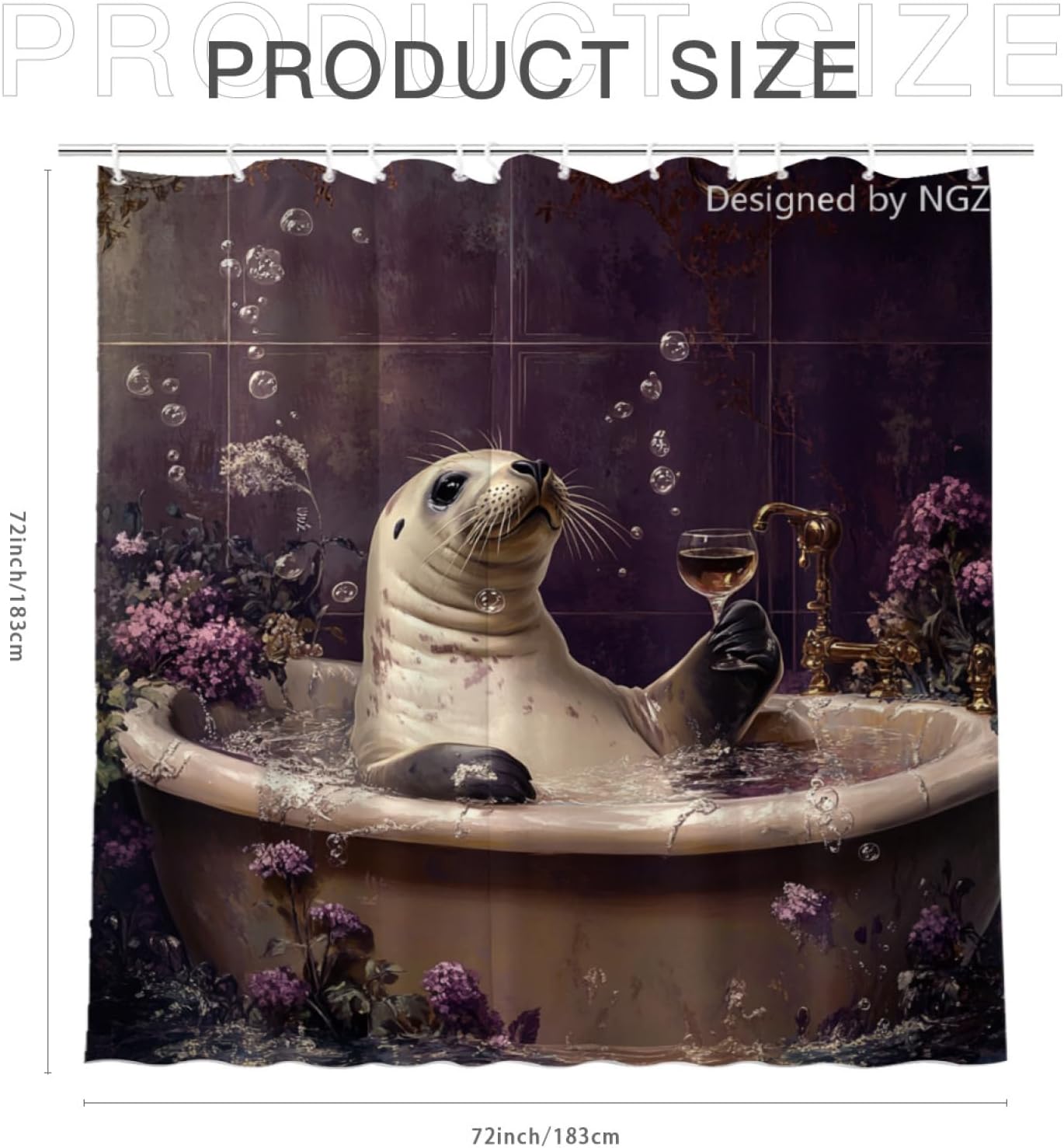 NGZ Funny Seal Shower Curtain, SPA Seal with Wine, Purple Shower Curtain, 72x72 Inches Floral Shower Curtains for Bathroom, Bath Curtains Set with 12 Hooks
