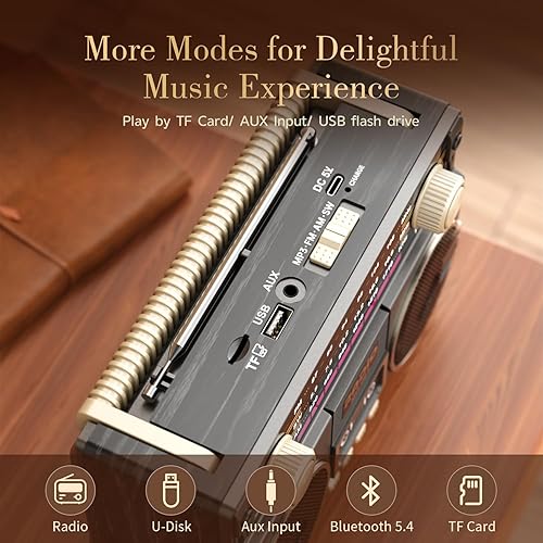 Miniatura 5 de Radio AM FM portátil con doble altavoz, radio retro recargable USB-C, radios de transistor con excelente recepción, perilla grande fácil de usar,