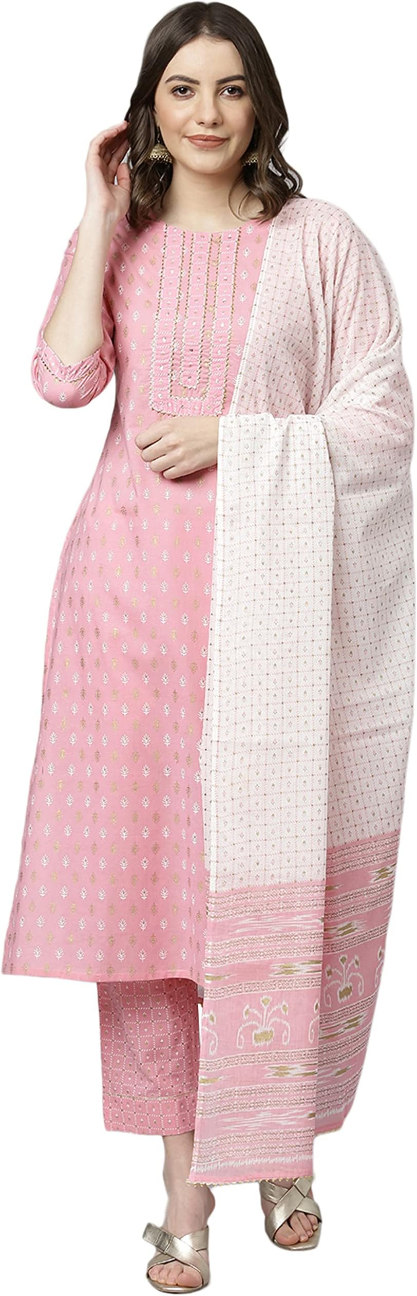 Indian Women's Cotton Pink Gold Print Casual Wear Kurta Set for Women