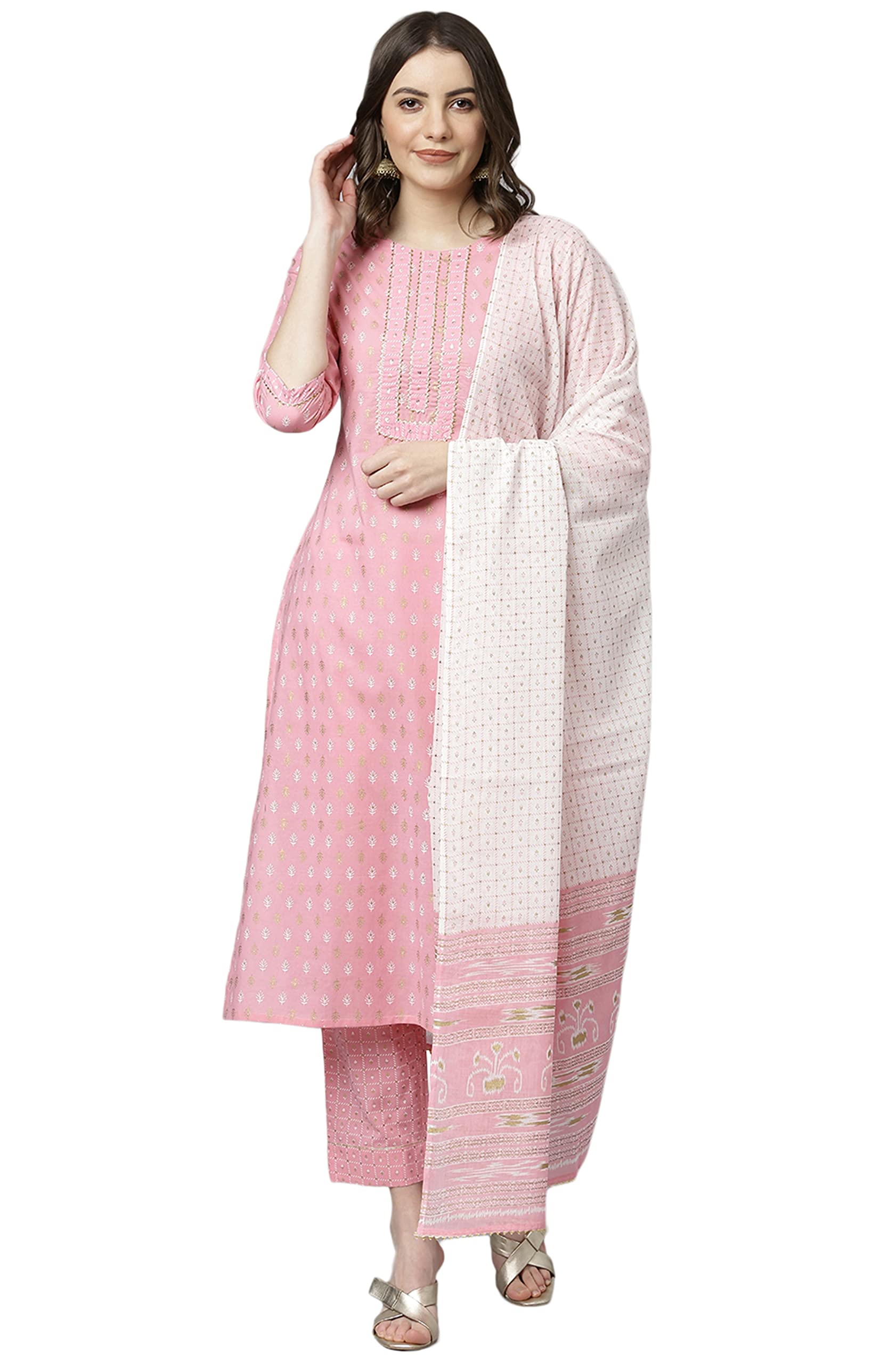 Indian Women's Cotton Pink Gold Print Casual Wear Kurta Set for Women
