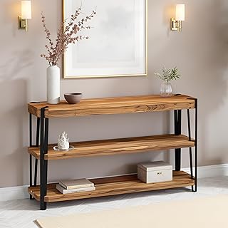 Ryegate Rustic Industrial TV Stand for TVs up to 65" – Solid Acacia Wood Console Table with Live Edge, 3-Tier Open Storage Shelves & Metal Frame for Entryway or Living Room by Alaterre Furniture