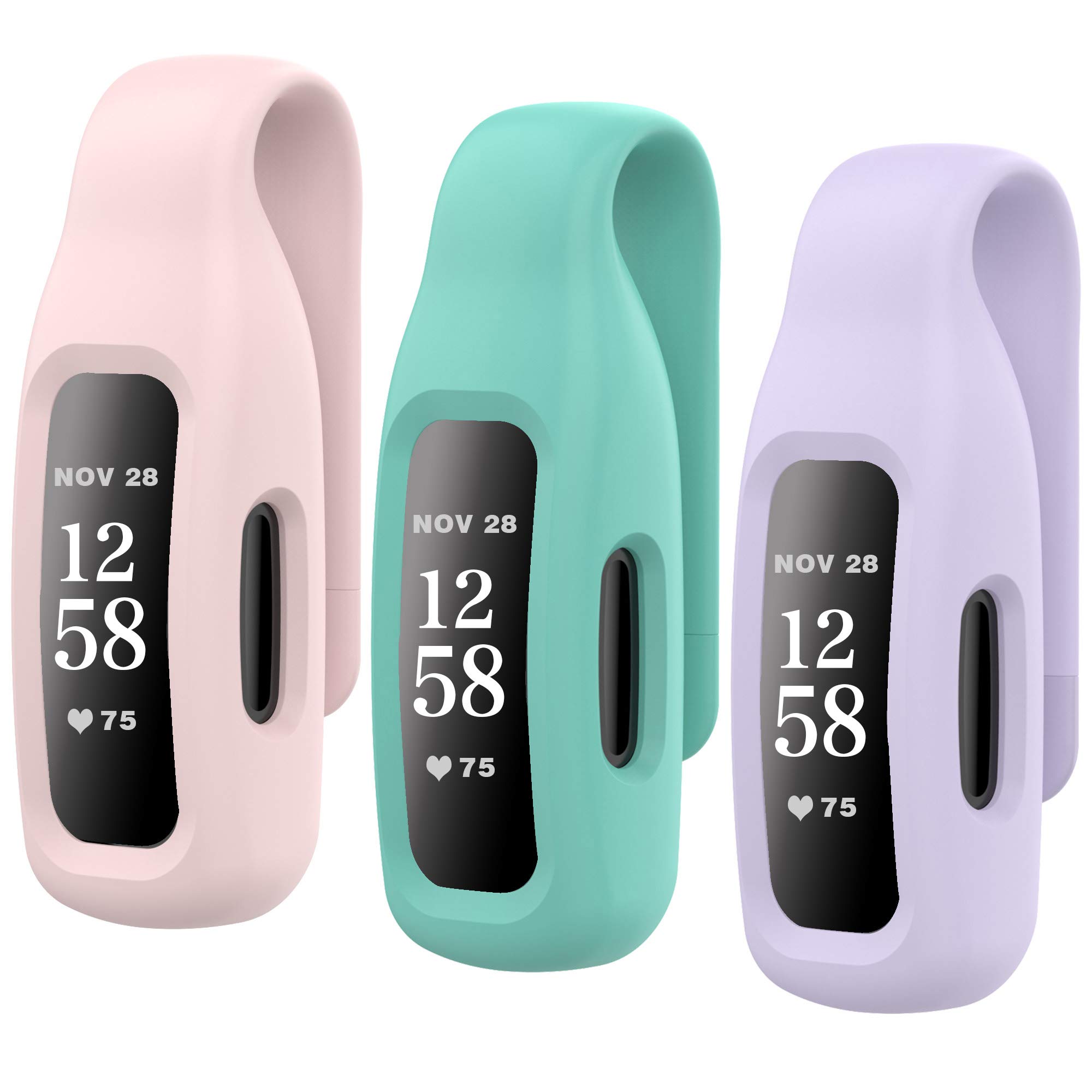 HSWAI 3-Pack Clips Replacement for Fitbit Inspire 2/Fitbit Inspire 3, Soft Comfortable Silicone Clip 360°Protection Holder Accessory Compatible with Fibit Inspire 2/3（Violet/Pink/Teal