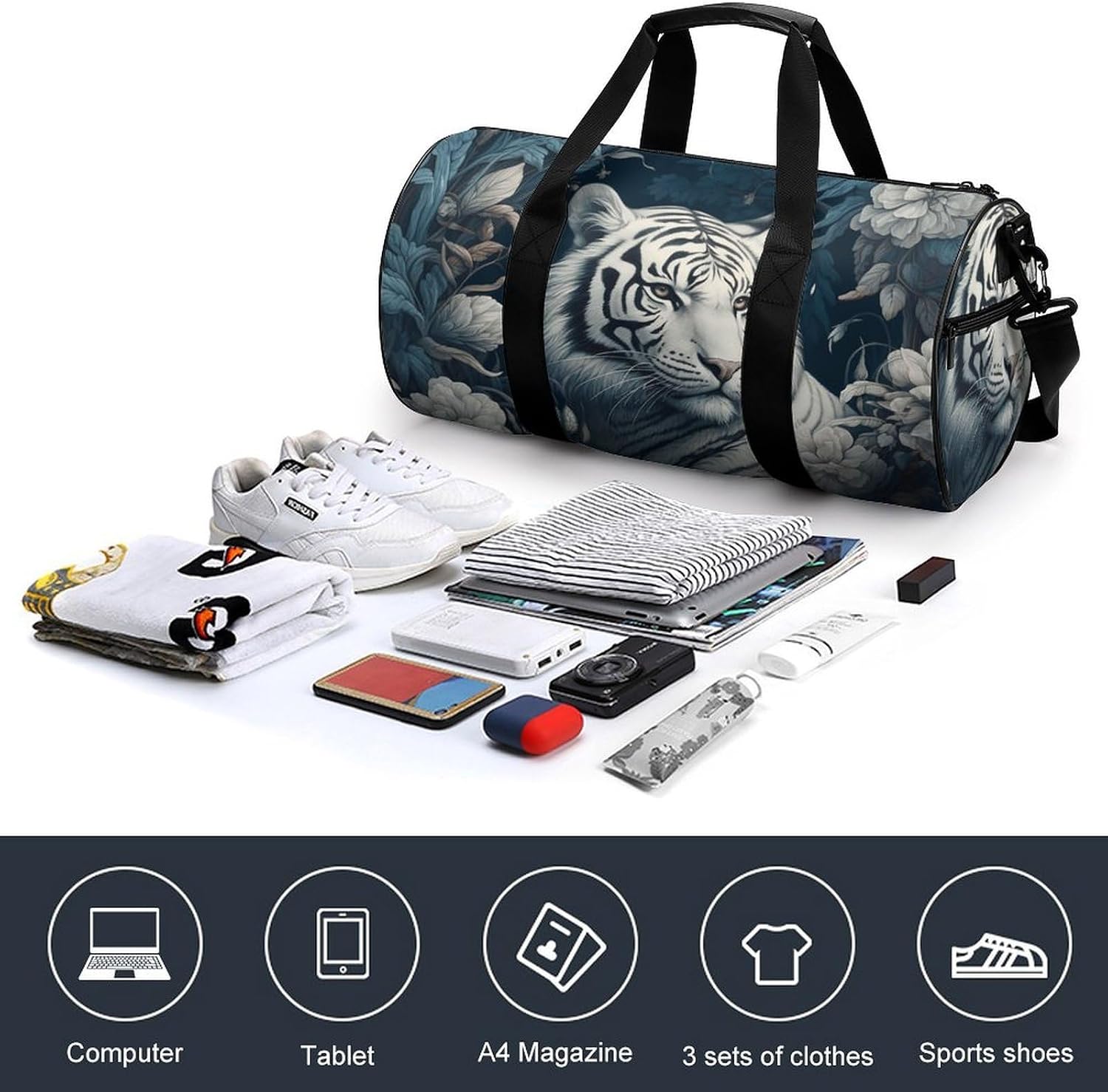 Tiger And Flowers Gym Bag Hand-held Fitness Bags Cylindrical Fitness Bag with Shoe Large Compartment Duffle Bags for Travel Sports Unisex image 4