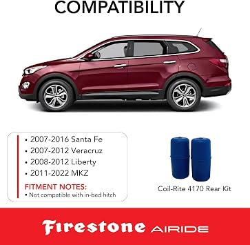 Firestone Airide 4170 Coil-Rite Rear Air Springs Kit fits 2007-2016 Santa Fe and 2008-2012 Liberty | 5-35 PSI | No Drill Installation | Made of Elastic Polyurethane | Load Capacity of 1,000 Pounds