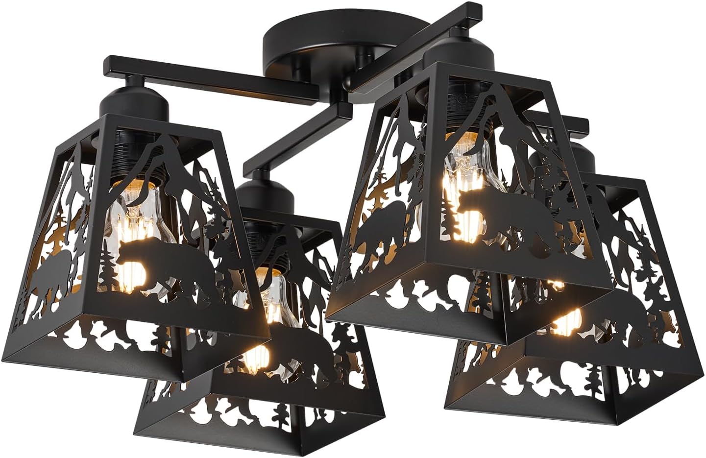 Rustic Ceiling Light Fixtures-Bear Design, 4 Light Farmhouse Black Flush Mount Light Fixtures for Kitchen, Living Room, Bedroom, Dining Room, Entryway, Hallway