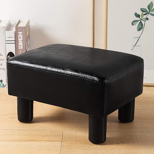 Miniatura 2 de LUE BONA Taburete rectangular moderno, reposapiés otomano acolchado de piel sintética negra, taburete pequeño para estar, adultos, patio A-cuero