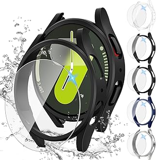 [5+5Pack for Samsung Galaxy Watch 7 Screen Protector Case 44mm Accessories, Hard PC Bumper/HD Anti-Fog Tempered Glass Protective Film, Face Cover Set, Galaxy Watch 7 Case for Women Men
