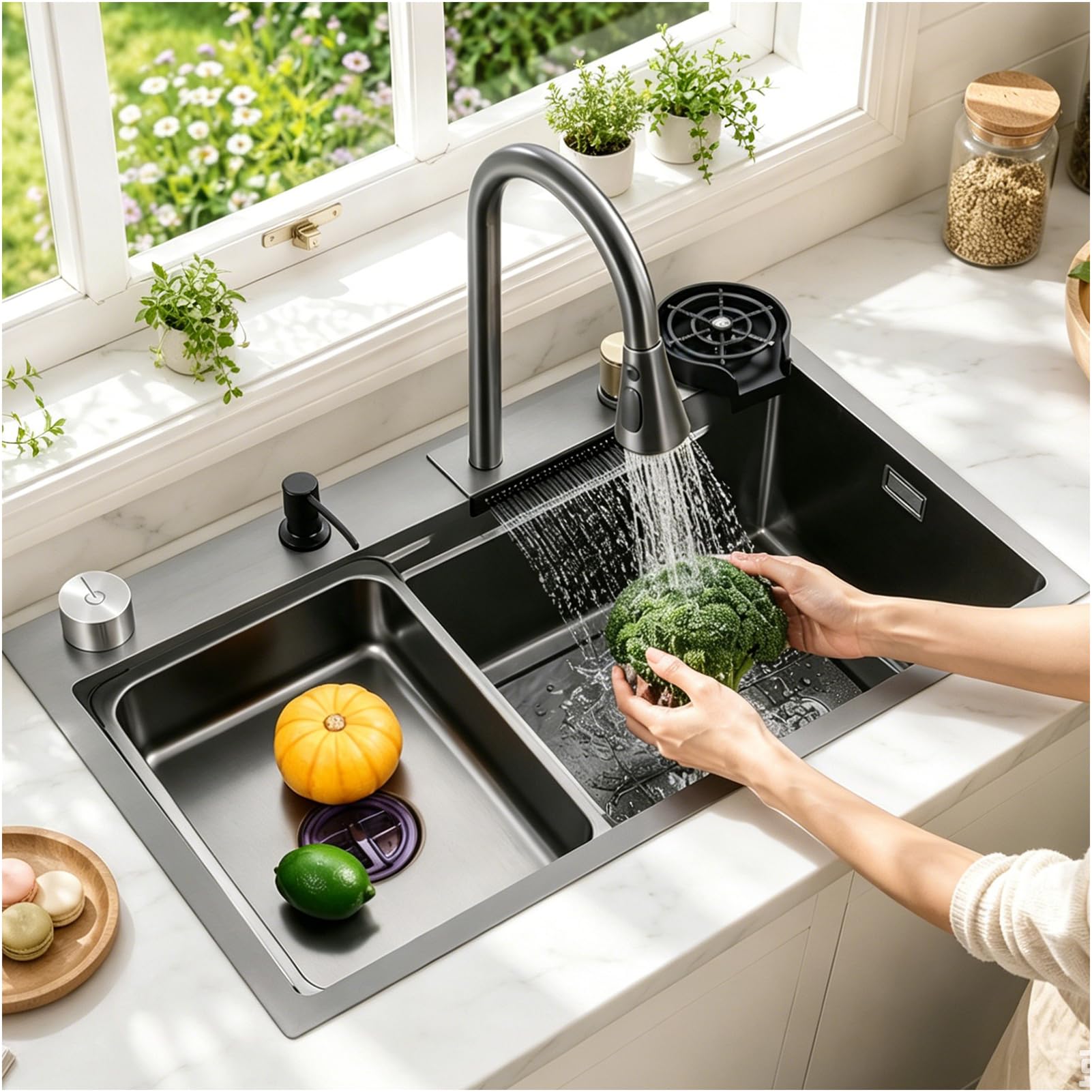WIQUYBML Waterfall Kitchen Sink Stainless Steel Top Mount Black Nano Single Bowl Multifunctional Workstation with Pull-Out Faucet, Glass Cup Washer, Drain Basin, Drainage Assembly(68x45x22cm)
