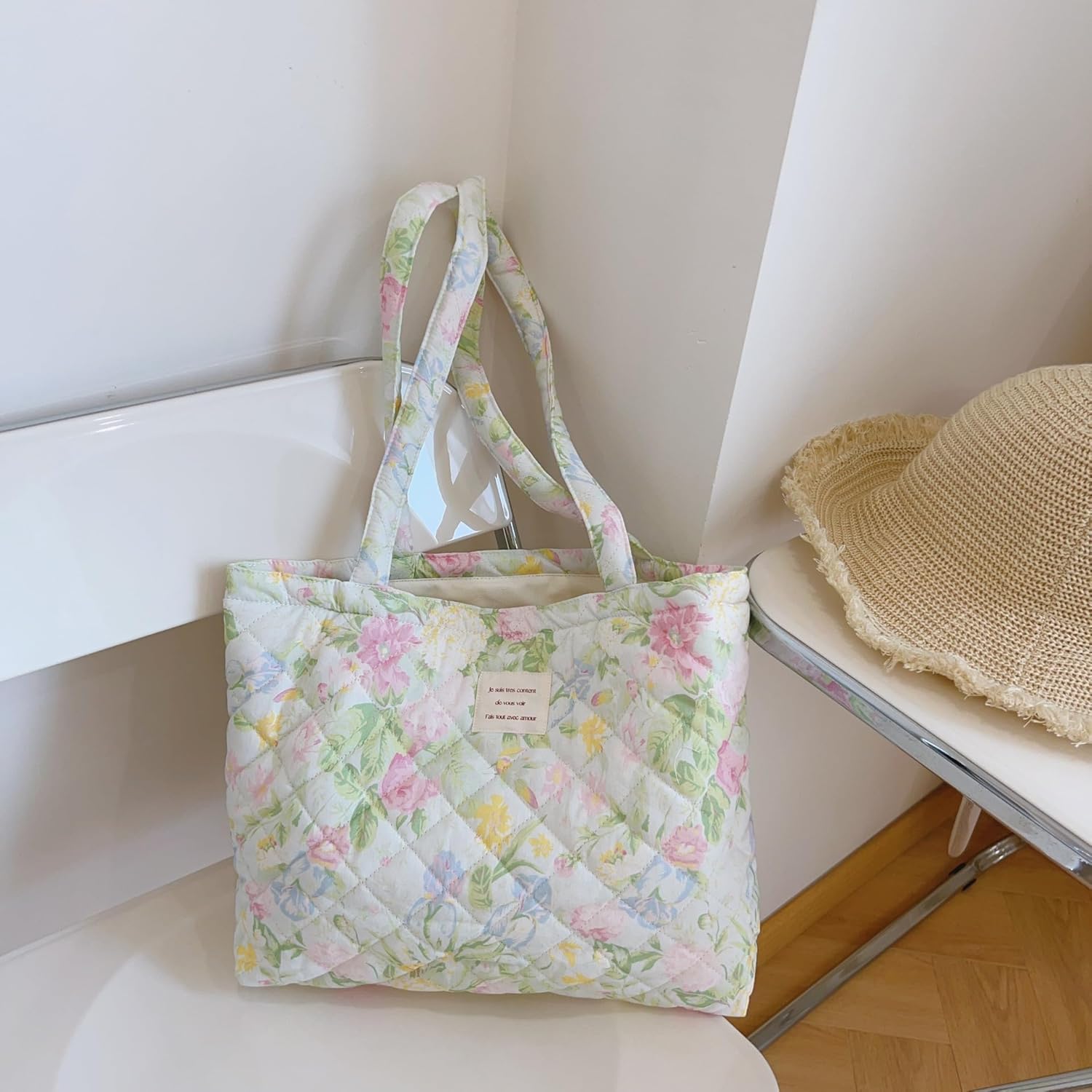 Floral Quilted Cotton Shoulder Bag Set 3-in-1 Handbag with Matching Mini Pouch Cosmetic Bag Large Capacity Tote A053
