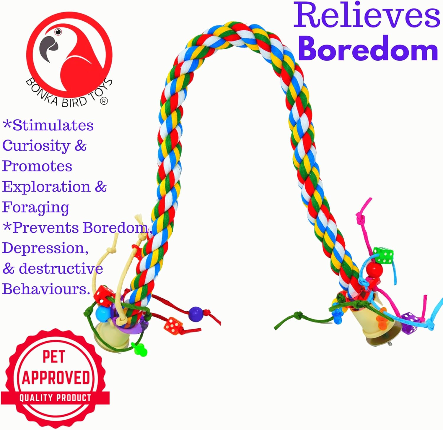 Bonka Bird Toys 1115 Large Rope Charm Perch (36" x 1") Parrot Bird Cage Toy, Conure, African Grey, Pionus, and Similar Sized Birds