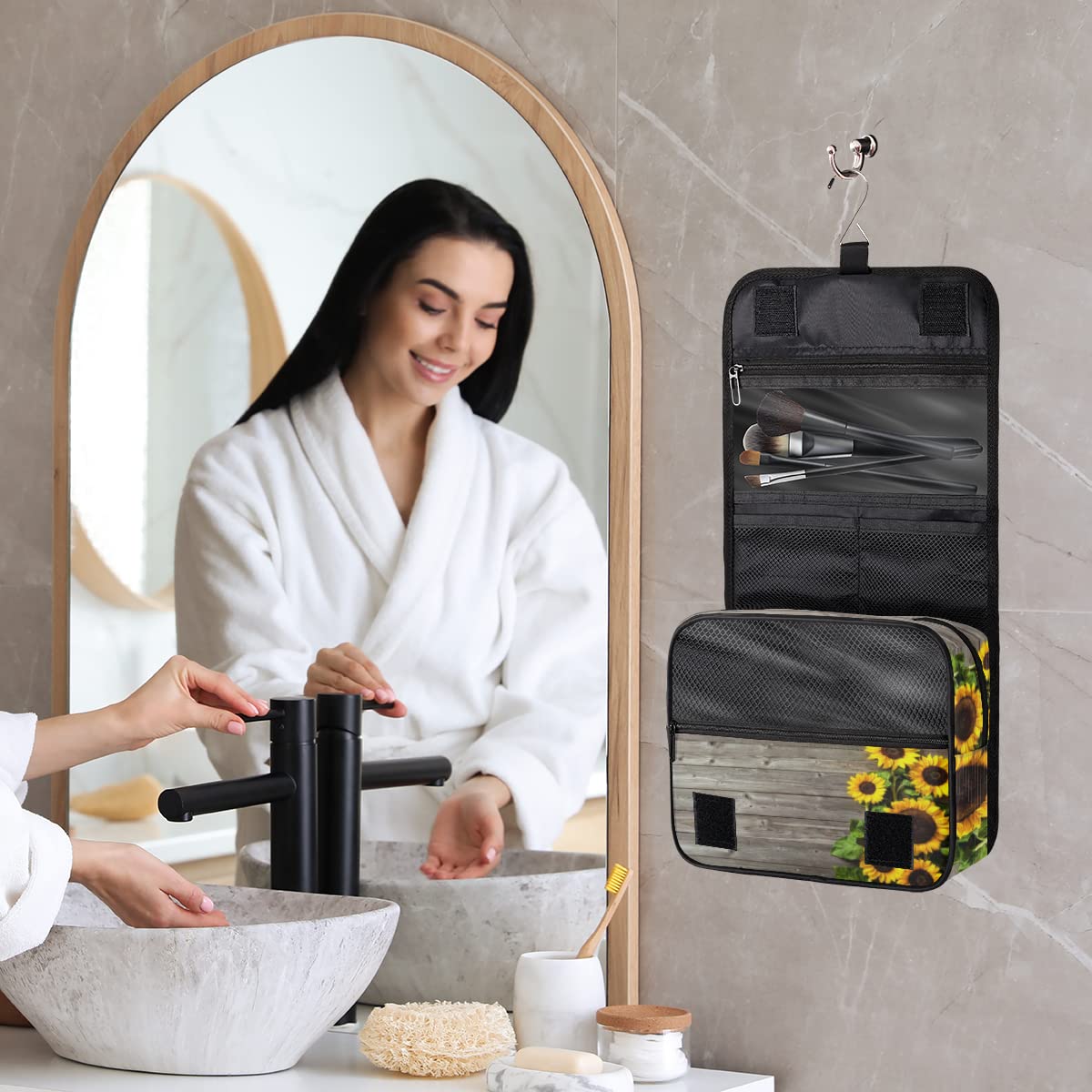 Słonecznik Deski Podróżna Kosmetyczka Słonecznik Retro Mycie Torba Unisex Wiszące przybory toaletowe Kosmetyczka Organizer do makijażu, wielobarwny, Jeden rozmiar