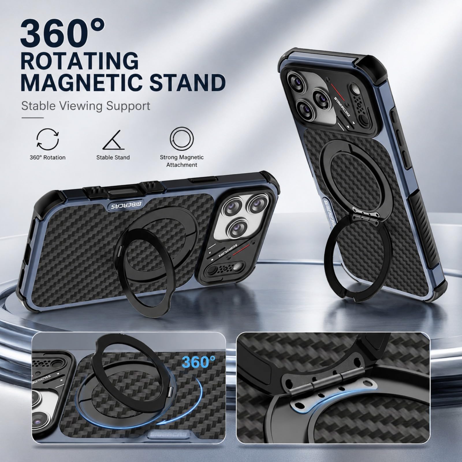 Funda para iPhone 17 Pro MAX con Anillo Giratorio y Soporte, Azul