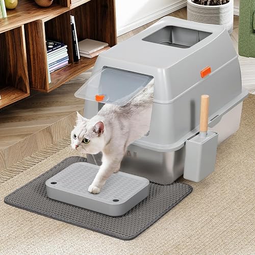 BAKAJI Arenero para Gatos XXL con Base de Acero Inoxidable de 35 litros y Puerta Transparente bloqueable