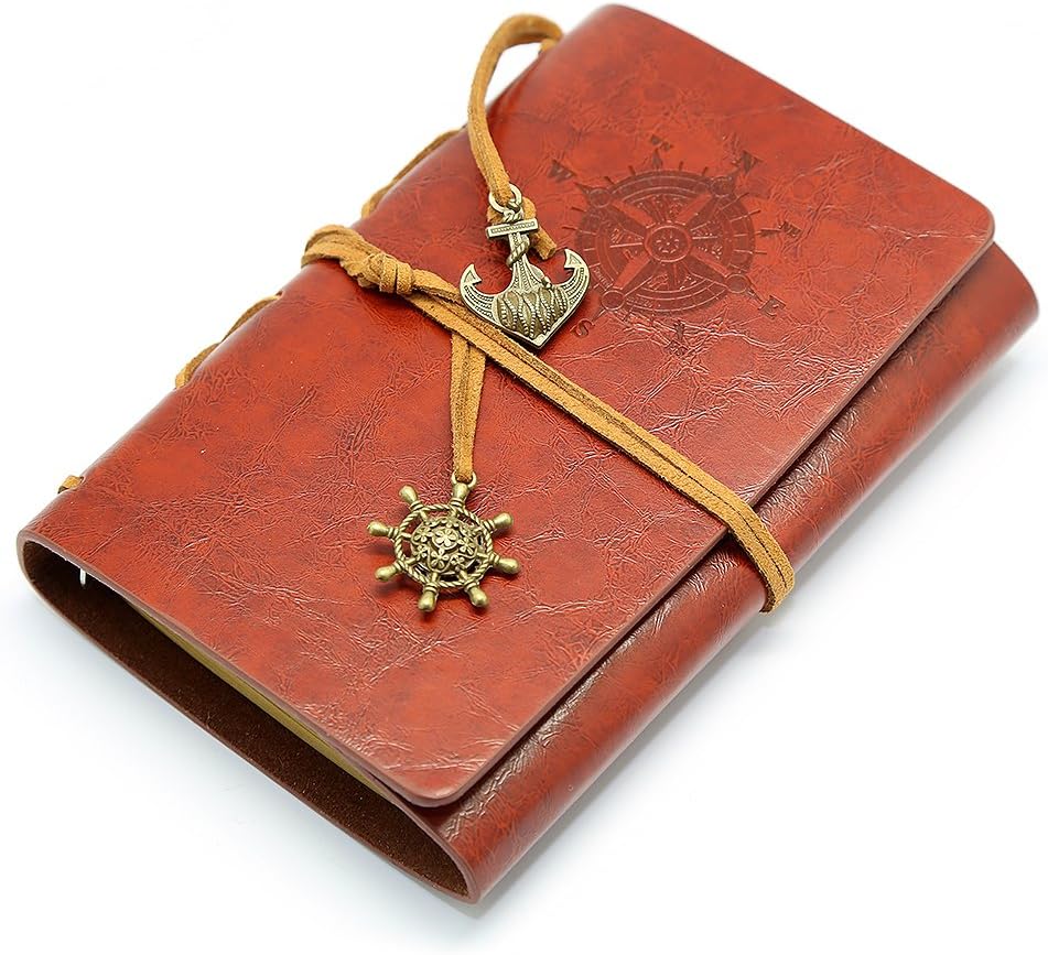 EvZ Retro Red Brown Leather Journal - 5" Refillable Vintage Nautical Notebook with Anchor & Rudder Pendants - Small Spiral Blank Sketchbook for Travel, Poetry & Diary - Classic Embossed Art Journal, Red Brown image 4