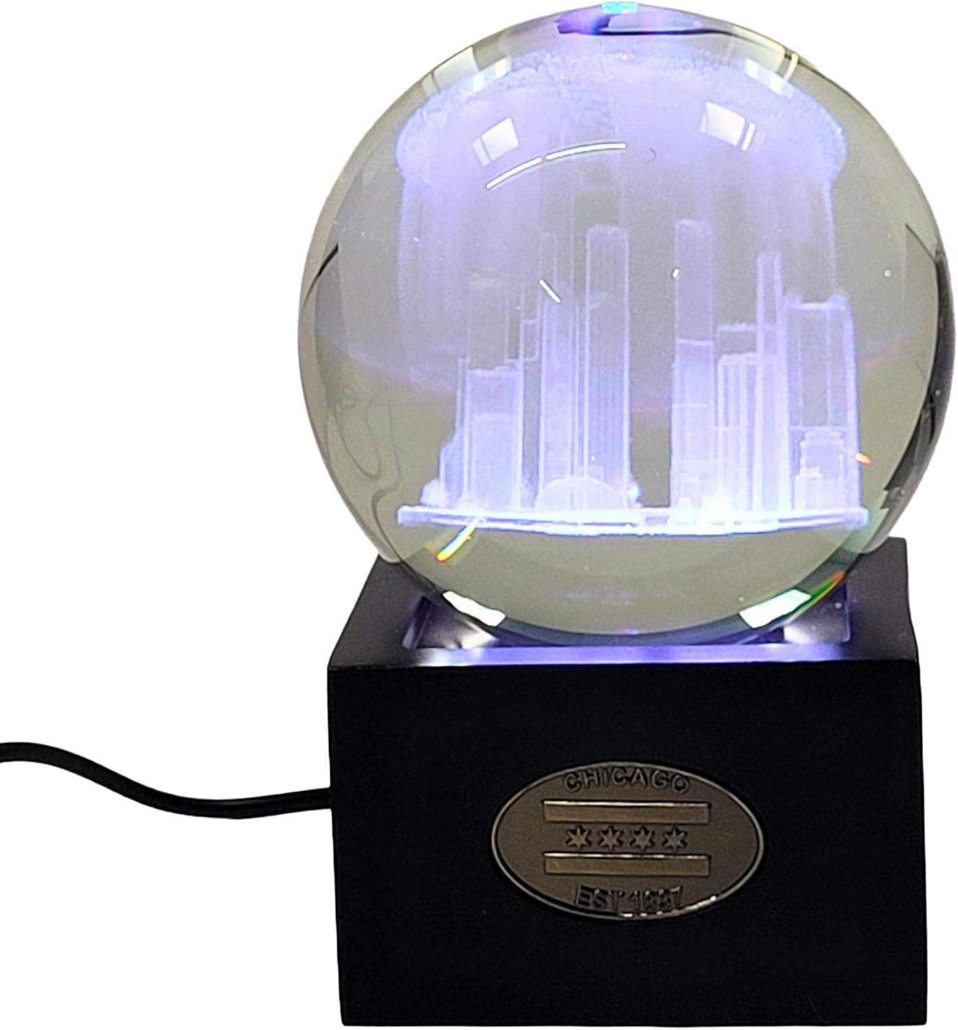 3D Chicago Skyline 80MM Laser Etched Crystal Ball with USB-Powered Color-Changing RGB LED Base & Remote