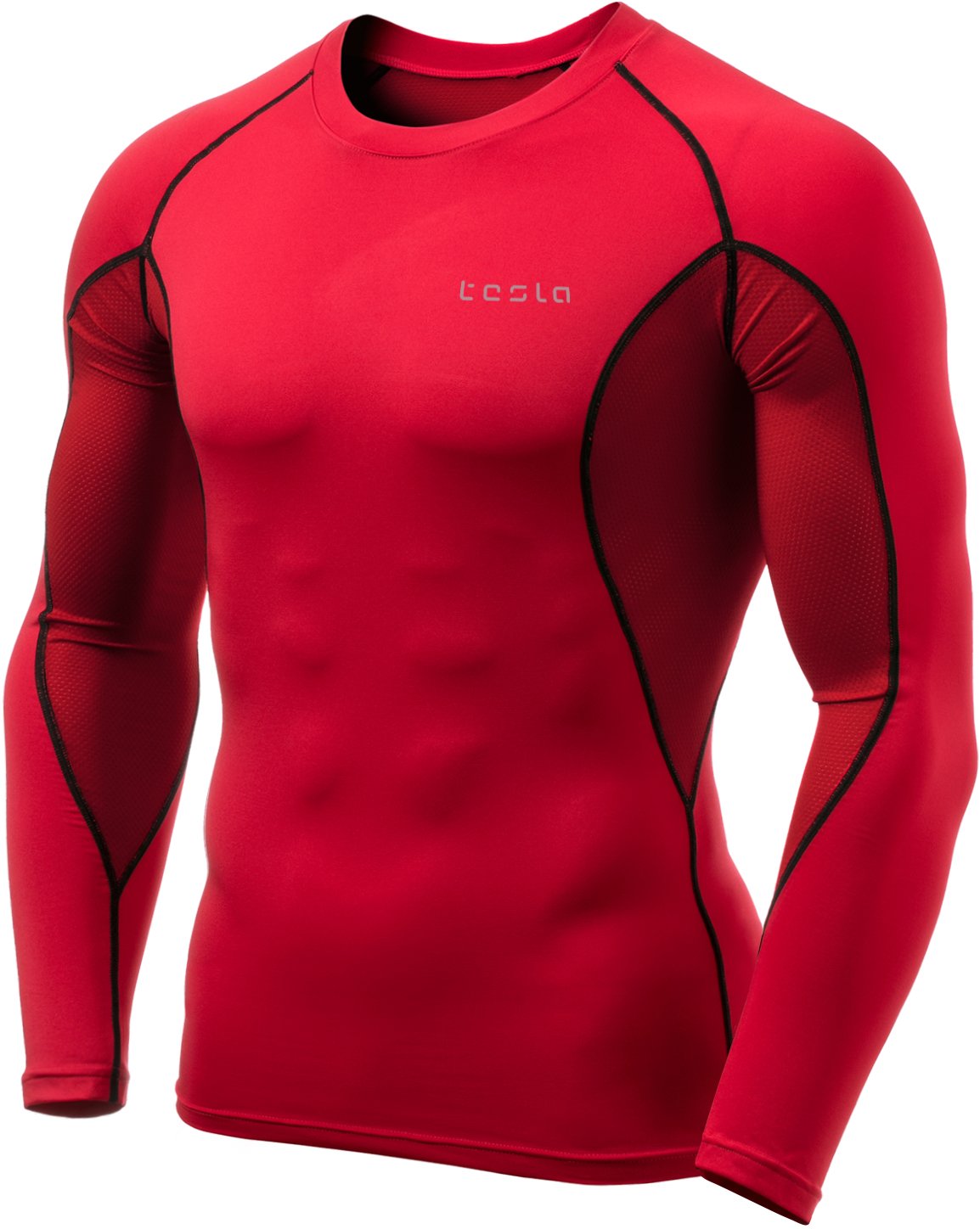 TSLA Men's Long Sleeve T-Shirt Baselayer Cool Dry Compression Top, Mesh(mud71) - Red & Black, 2X-Large.
