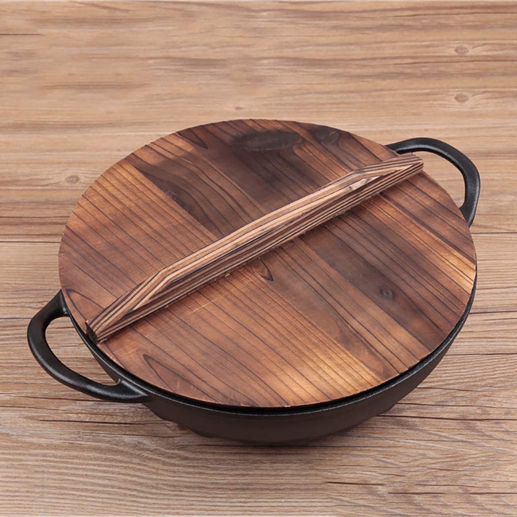 Wok in ghisa nera da 32 cm, con coperchio in legno, pentola calda Wok con fondo piatto Pentola a induzione a gas universale (dimensioni: 32 cm di lunghezza x 9,9 cm di altezza)