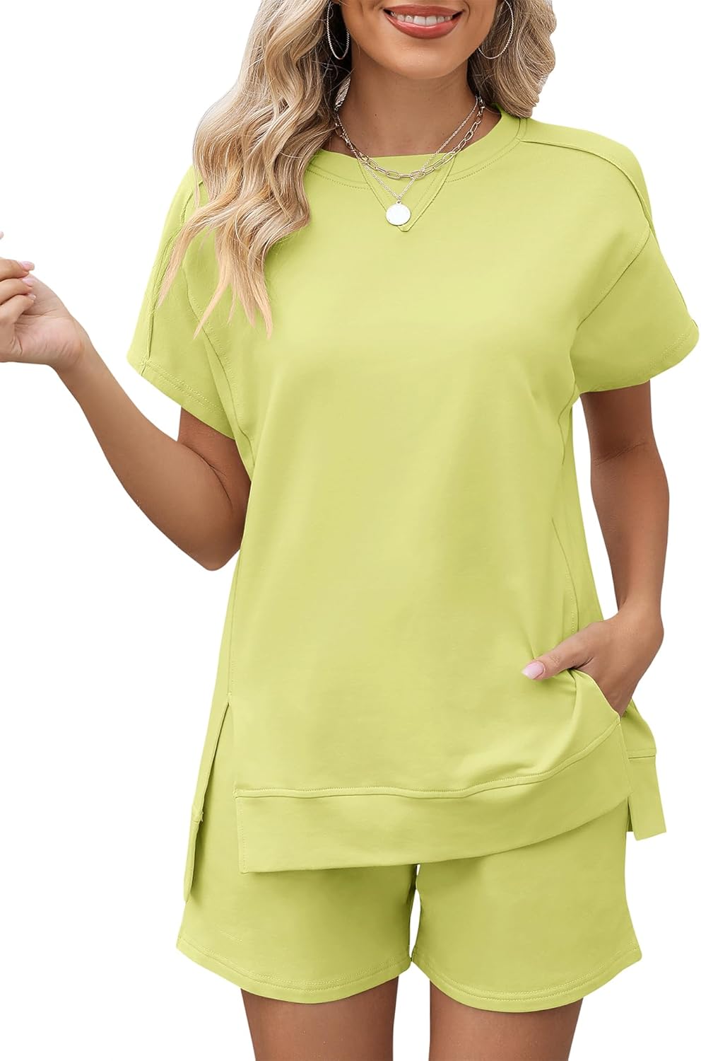 LOMON Womens Fashion 2 Piece Outfits Sweatsuits 2026 Summer Short Sleeve Loungewear Tracksuit Round Neck Lounge Shorts Sets