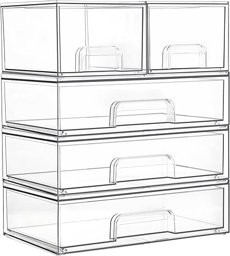 Vtopmart Juego de 5 cajones de almacenamiento apilables transparentes, cubos organizadores de plástico para maquillaje, cosméticos, suministros de