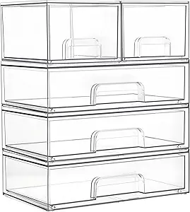 Vtopmart Clear Stackable Storage Drawers Set of 5, Plastic Organizer Bins for Makeup, Cosmetics, Beauty Supplies,Ideal for Vanity, Bathroom,Cabinet,Pantry Organization