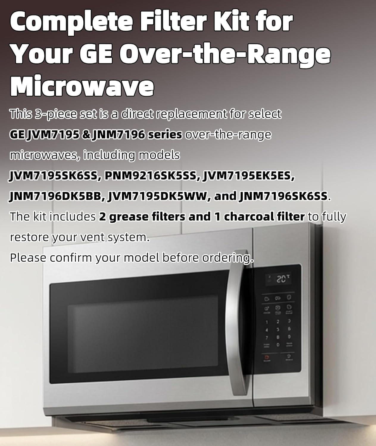 3-Pack Microwave Filter Set Fits for GE JVM7195SK6SS, PNM9216SK5SS, JVM7195EK5ES JNM7196DK5BB, JVM7195DK5WW, JNM7196SK6SS – Microwave Oven Grease & Charcoal Filter Replacement Part, Aluminum Mesh
