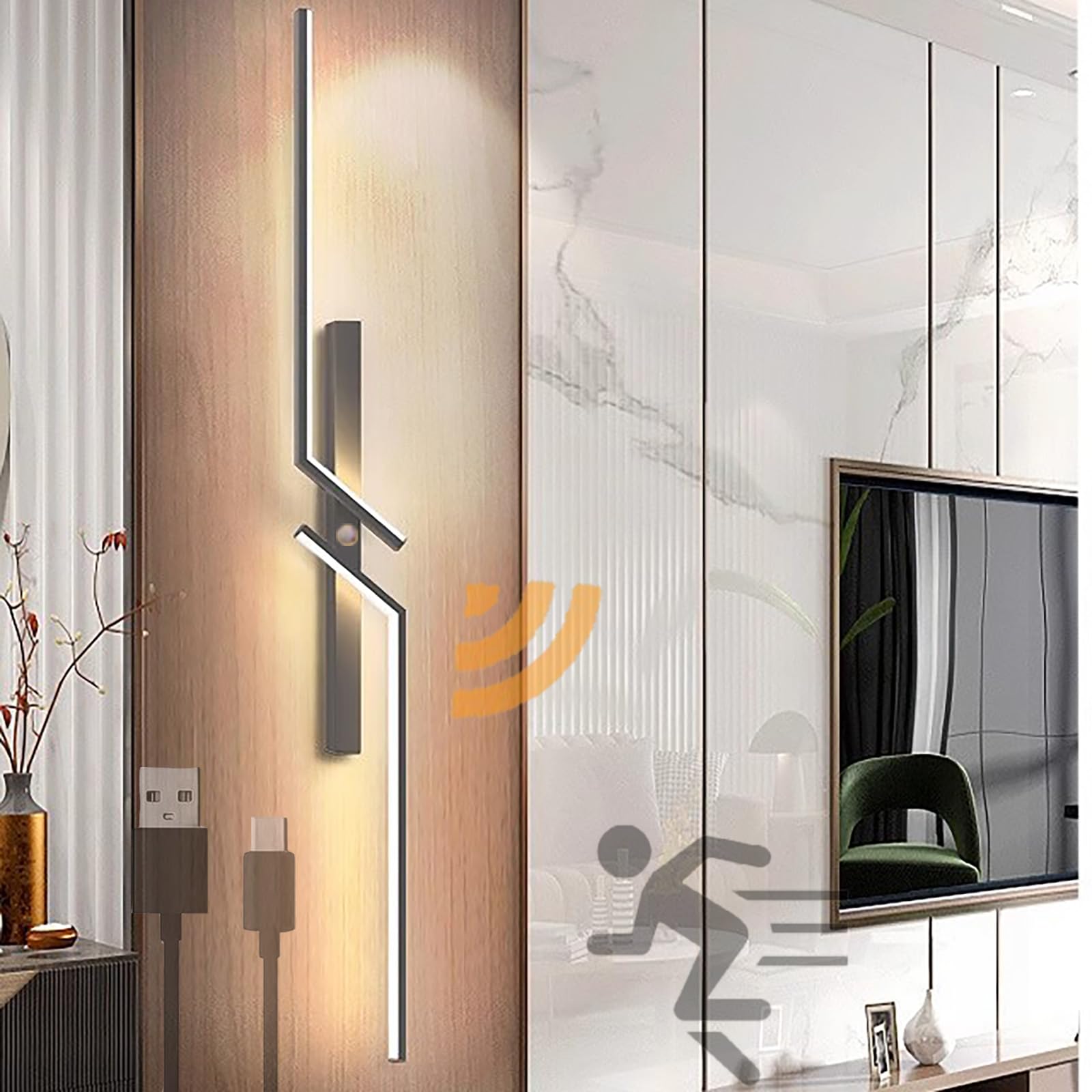 Aplique de Pared LED de Noche con Sensor de Movimiento, Moderno, Lineal, a Pilas, Tira Larga, Recargable por USB, de Metal, para pasillos y más (60 cm, luz Blanca Dorada). Learned (luz Neutra Negra,