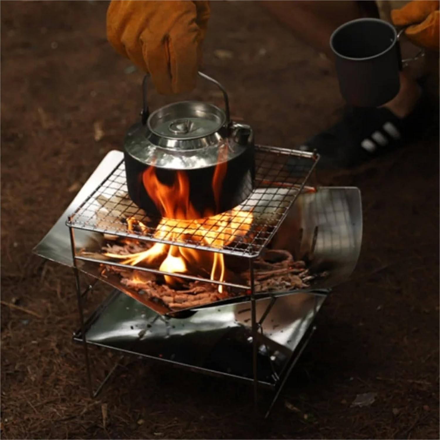 Foldable Windproof Stainless Steel Wood-Burning Stove – Portable Outdoor Cooking BBQ Grill Fire Pit for Hiking & Backpacking(Grilled net)