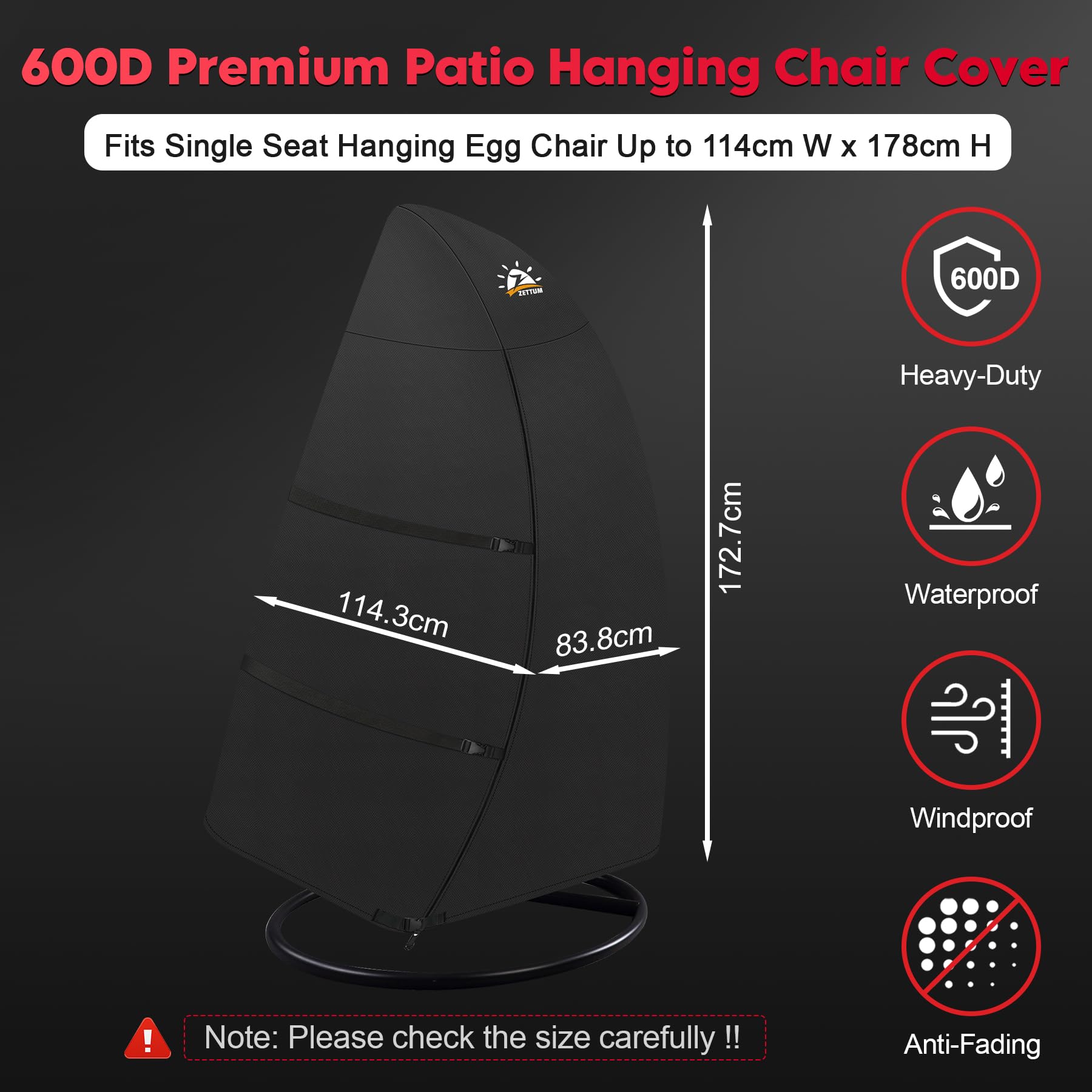 Zettum Funda para Silla Colgante Exterior 114 x 84 x 173 CM Funda Protectora Silla Huevo de Jardin Individual para Patio Oxford Pu 600D Impermeable Resistente para Silla Colgante Cesta Colgante