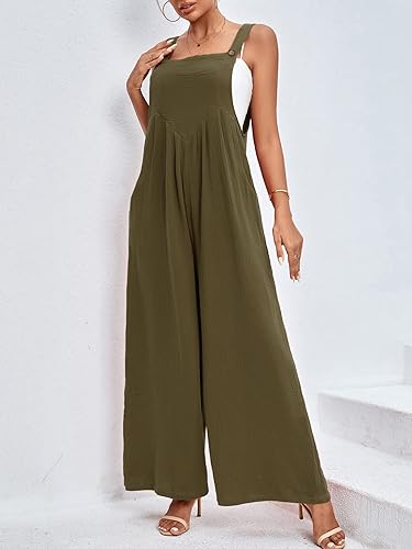 Miniatura 5 de LYANER Overol holgado de verano para mujer, de lino y algodón, de pierna ancha, tirantes delgados, con bolsillos