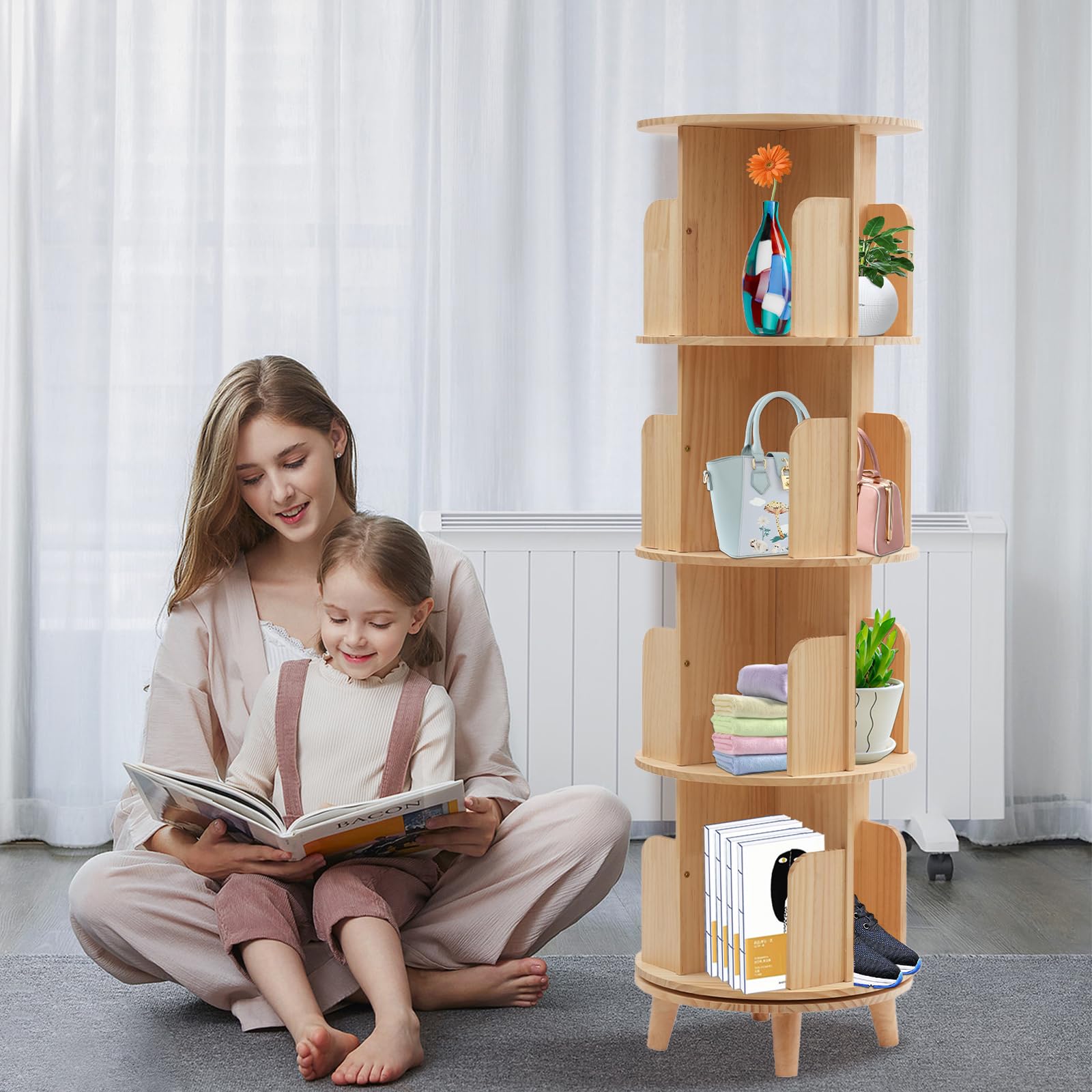 Mermajestic Rotating Bookshelf, 360° Revolving Round Bookcase, Display Rack Floor Standing Shelves with Baffle, Floor Standing Bookcase, High - Density Bookcase for Bedroom Study Office (4 Tiers)