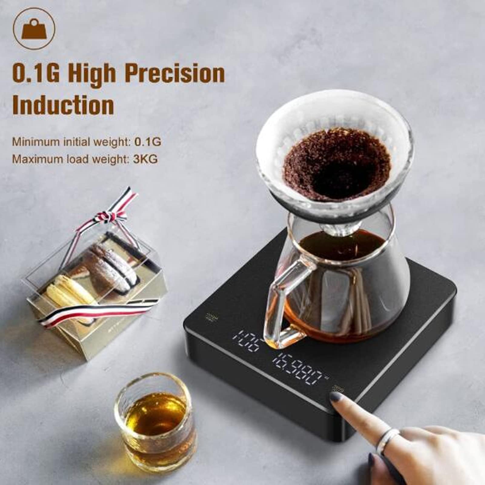 Digital Coffee Scale with Timer, 3kg/0.1g High Precision Coffee Weight Scale with LCD Display, Pour Over Drip Espresso Scale, USB Charging Mini Food Electronic Scale, Pocket Cooking Scale
