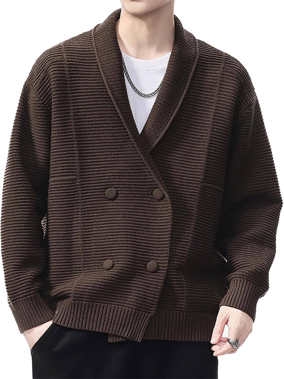 Men's Button Knit Cardigans Streetwear Double Breasted Shawl Neck Sweater Double Breasted Cardigan Sweaters Men