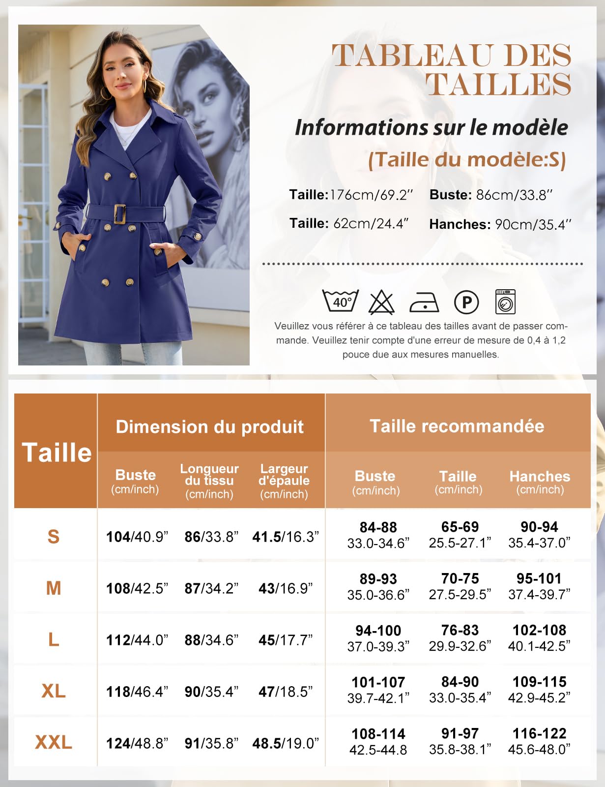 Yuson Girl Trench Coat Femme Double Boutonnage Manteau Classique Coupe Vent Trench Femme Capuche Impermeable Légère Parka mi Saison Casual Vestes Printemps Automne avec Ceinture