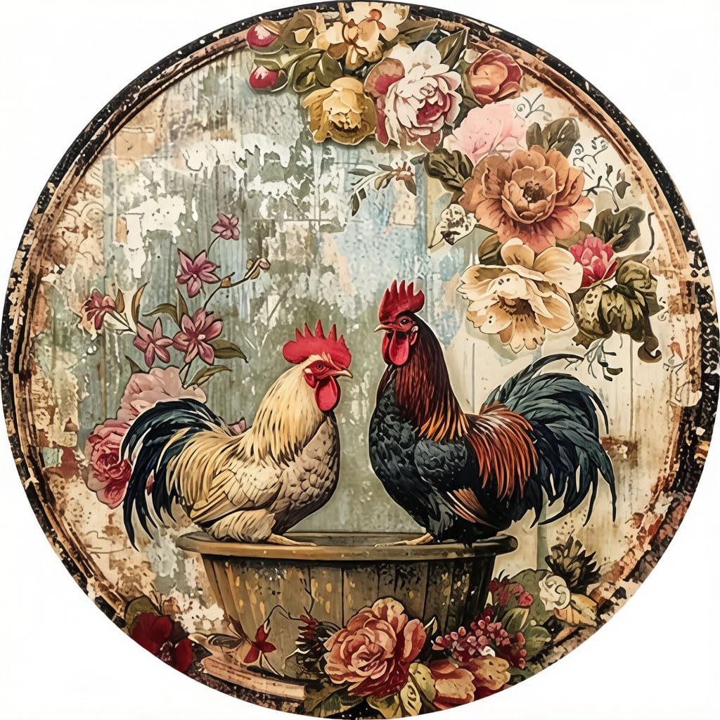 Retro Round Tin Sign, 20x20cm Circular Metal Wall Art Plaque, Vintage Decorative Iron Poster for Home Kitchen Bar Cafe Pub Club, Rustic Wall Decor，chicken2
