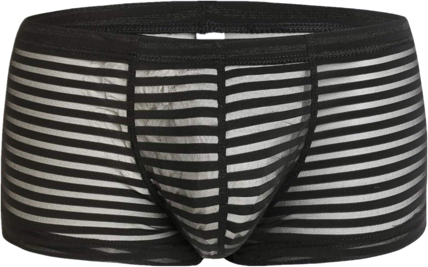 Yomie Mens Sexy Ice Silk See Through Stripe U Convex Low Waist Stripe Mesh Comfortable Breathable Boxer Briefs, Black, L