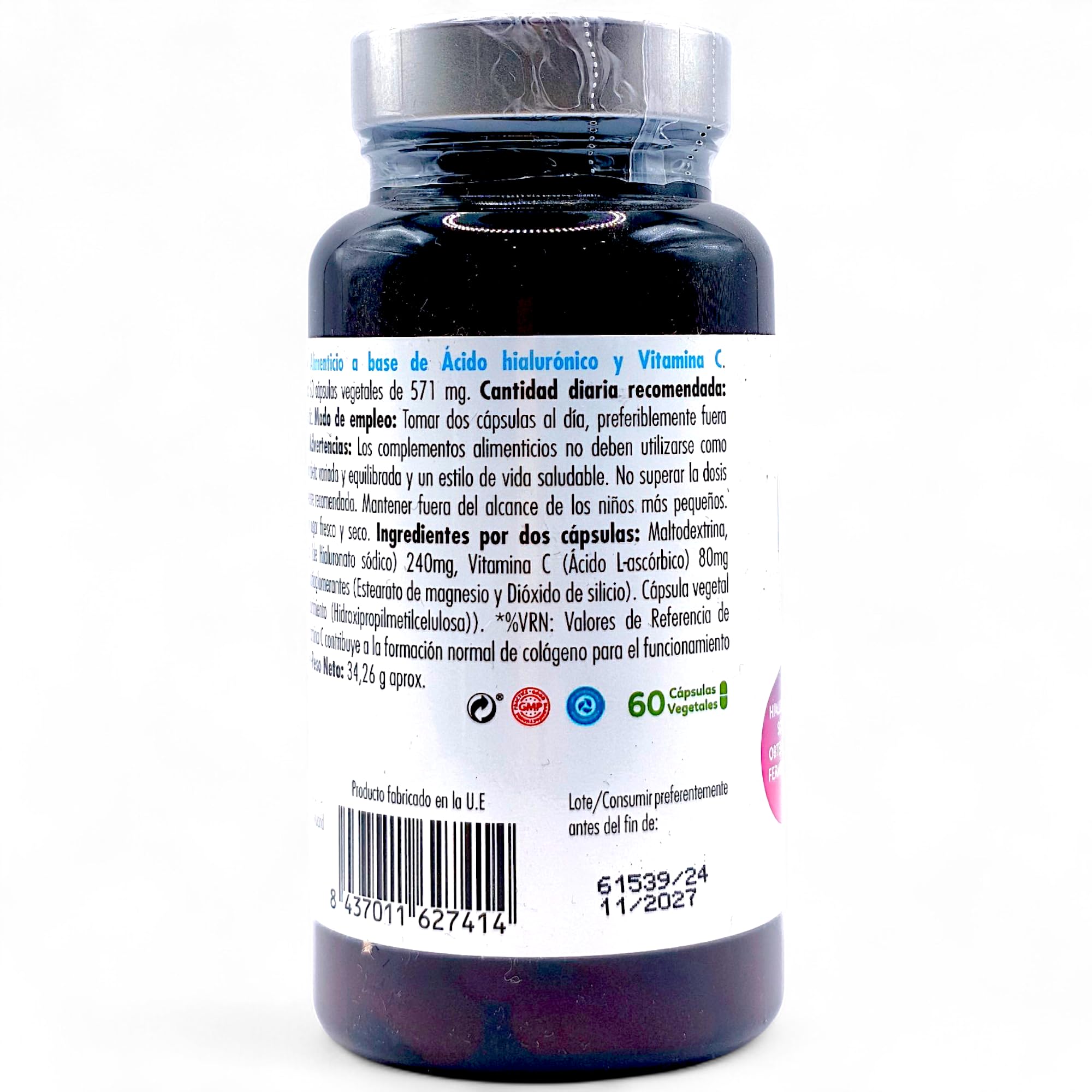 Mundo Natural Hidramas 60 Cápsulas - Ácido Hialurónico Puro y Vitamina C - Suplemento Antiedad para Piel, Articulaciones y Cartílagos - Hidratación Profunda y Formación de Colágeno